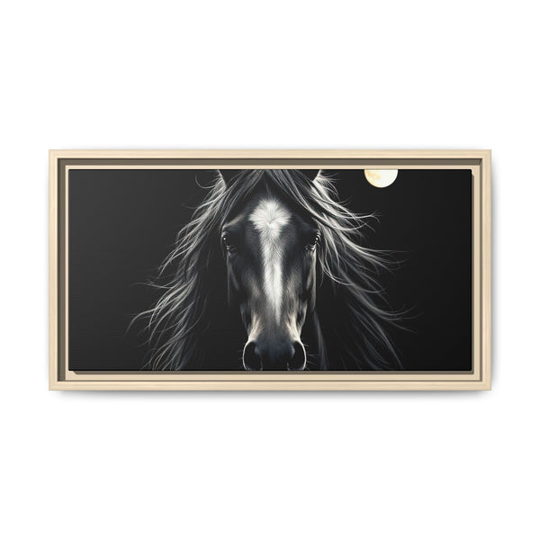 Framed western horse canvas art with monochrome horse face and moon; light wood-toned frame