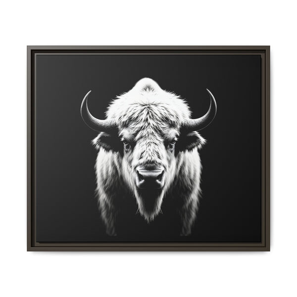 Framed bison portrait wall art with white-and-black fur, brown frame