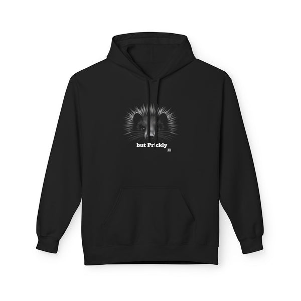 Black hoodie with centered spiky face graphic and kangaroo pocket
