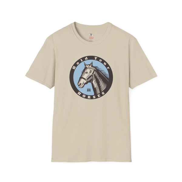 Light tan women’s western T-shirt with round horse emblem graphic on the front