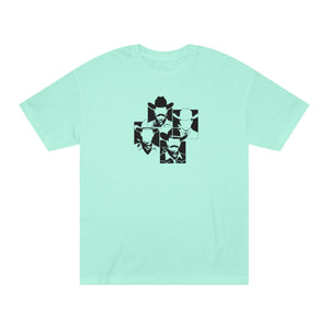 Mint green women's graphic cowboy tee with black pop-art icon print on chest