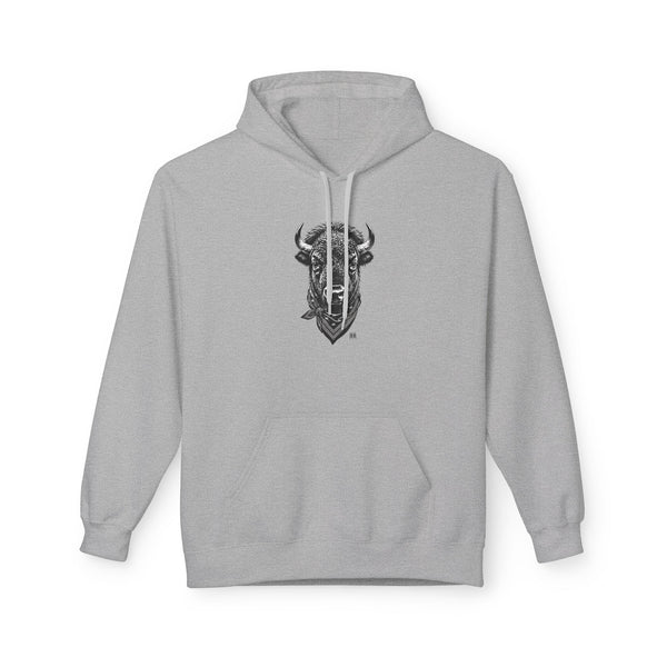 Heather gray pullover hoodie with front bison graphic, kangaroo pocket, and drawstring hood