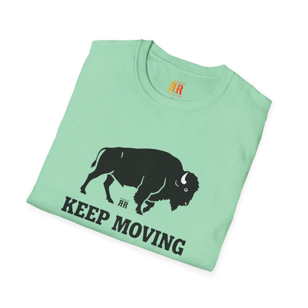 Mint bison graphic western T-shirt with KEEP MOVING text