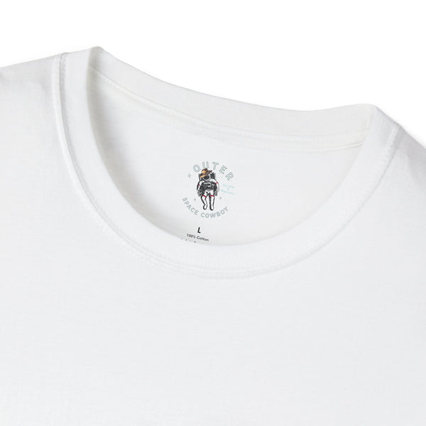 White T-shirt neckline with small cowboy graphic logo and “100% Cotton” label