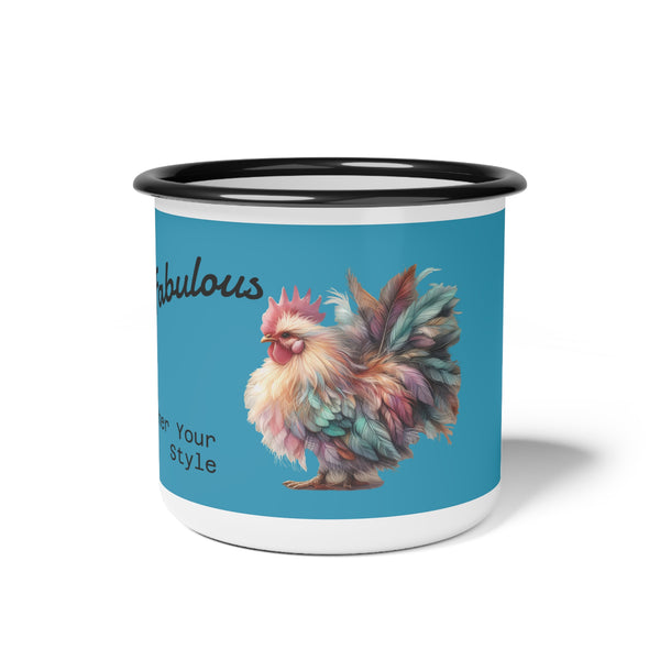 Enamel camp mug with blue body, black rim, colorful rooster feather graphic