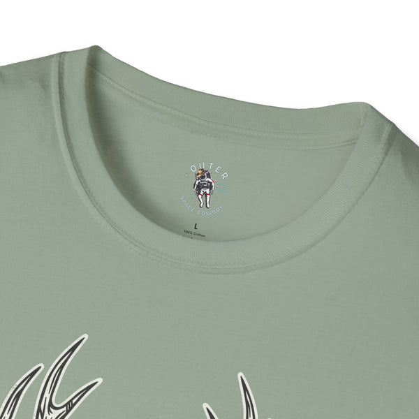 Light sage cotton T-shirt with small space cowboy logo at the crew neckline