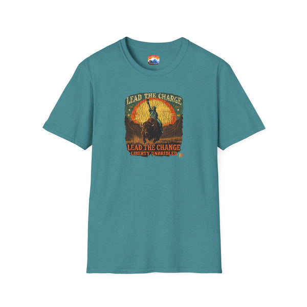 Deep teal crew-neck T-shirt with buffalo graphic and vintage-style lettering