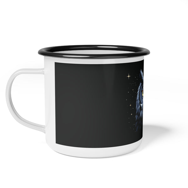 Black enamel camp mug with partial owl graphic, black rim, white handle and base