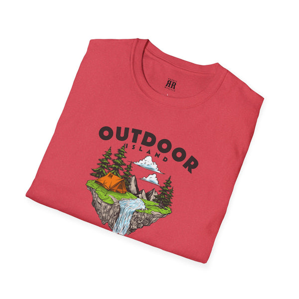 Heather red outdoor crew-neck T-shirt with camping graphic at center chest
