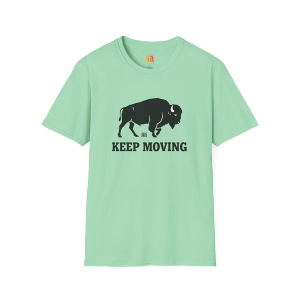 Mint green western wear T-shirt with bison “KEEP MOVING” graphic
