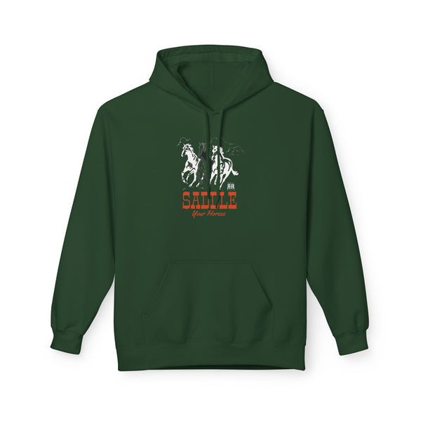 Military green western wear hoodie with horse graphic logo on the chest and front kangaroo pocket