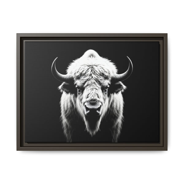 Framed bison art print with bull portrait, dark brown frame