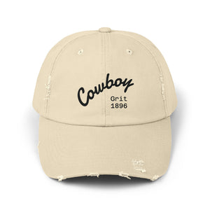 Distressed dad hat, light beige/stone color with Cowboy Grit 1896 logo on front