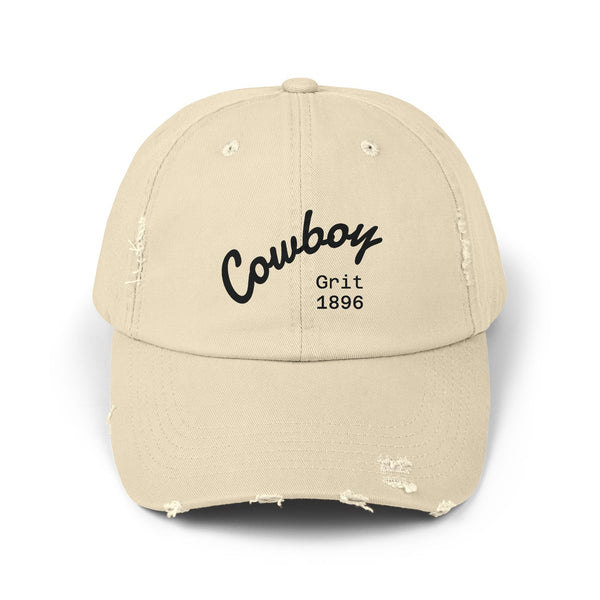 Distressed dad hat, light beige/stone color with Cowboy Grit 1896 logo on front