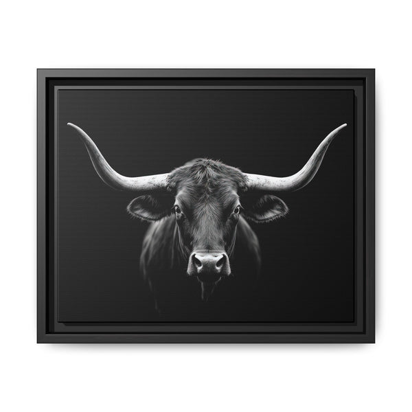 Framed western canvas art with monochrome bucking bull head and horns, dark frame