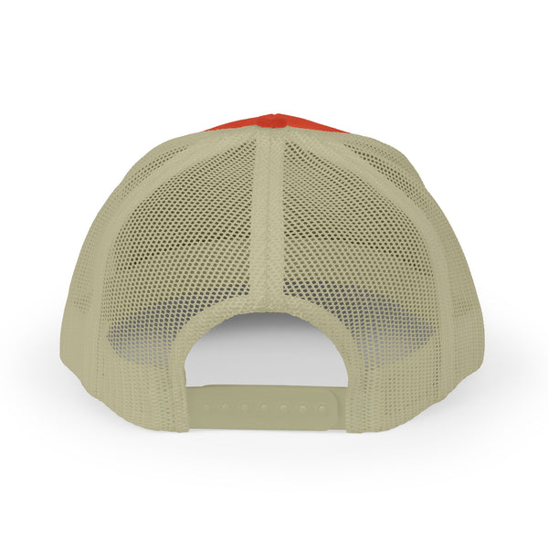 Khaki mesh back of western trucker hat with red top panel