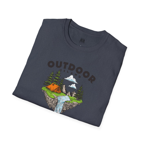 Heather navy outdoor crew-neck T-shirt with camping graphic at center chest
