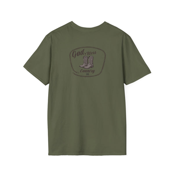 Heavy cotton T-shirt, olive green, crew neck with circular “God Bless Country” graphic.