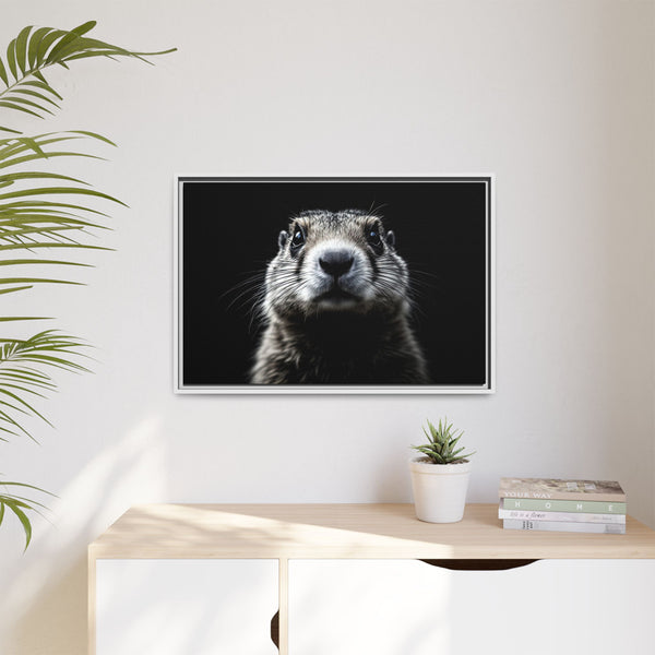 Light gray framed prairie dog canvas art with a centered close-up portrait