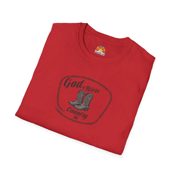 Red T-shirt with oval “God Bless Country” cowboy boot graphic at center chest