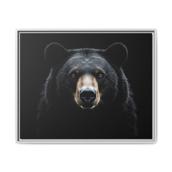 Framed bear canvas art with close-up black-and-gray bear face on dark background