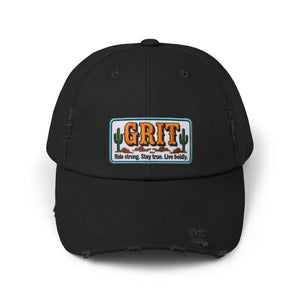 Black distressed baseball cap with front cactus patch logo.