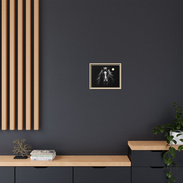 Framed western canvas art with a small black horse face, white mane, and moon on black