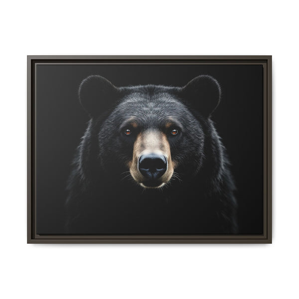Framed canvas wall art of a black bear head portrait, bold eyes, dark fur