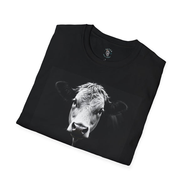 Black crewneck T-shirt with angled black-and-white cow head graphic
