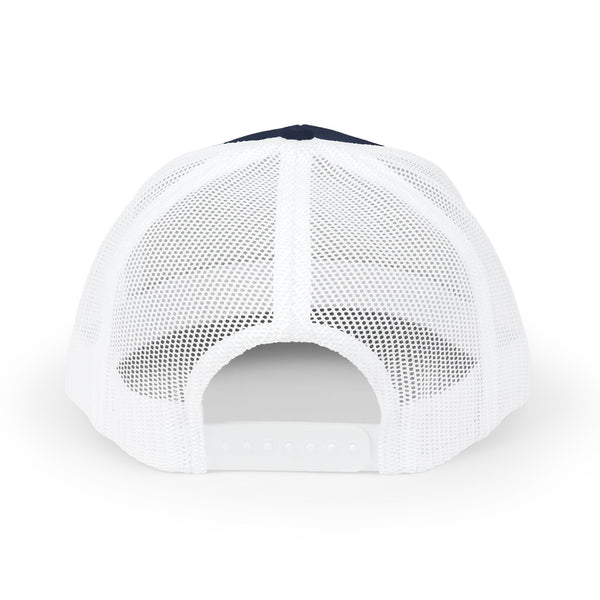White mesh trucker hat back with curved brim and adjustable strap