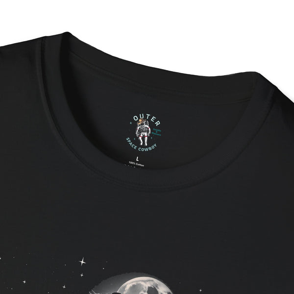 Women's black crewneck tee, graphic stars and moon near neckline