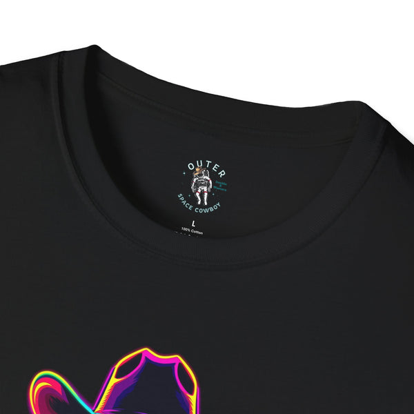 Black crew-neck T-shirt with small “OUTER SPACE COWBOY” logo at neckline