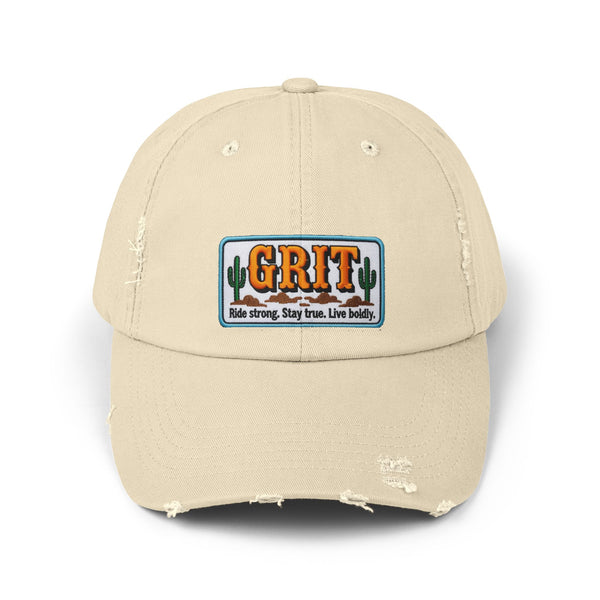Stone distressed baseball cap with front cactus patch logo.