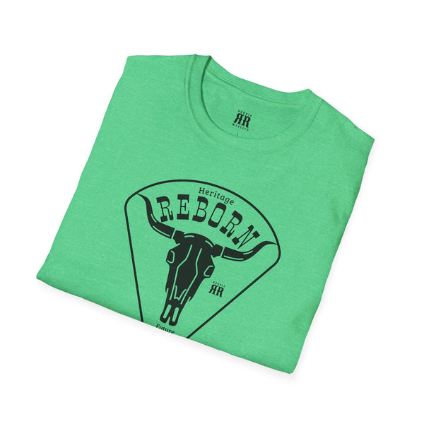 Heather green comfort tee with REBORN Heritage front graphic and crew neck