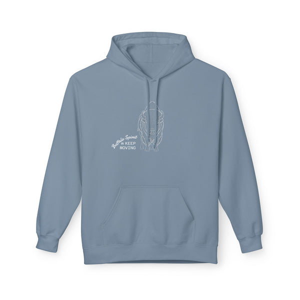 Stone blue hoodie with front chest graphic and “Keep Moving” text, pullover hood