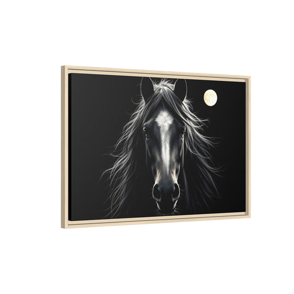 Framed western canvas art of a black-and-white horse head with a moon