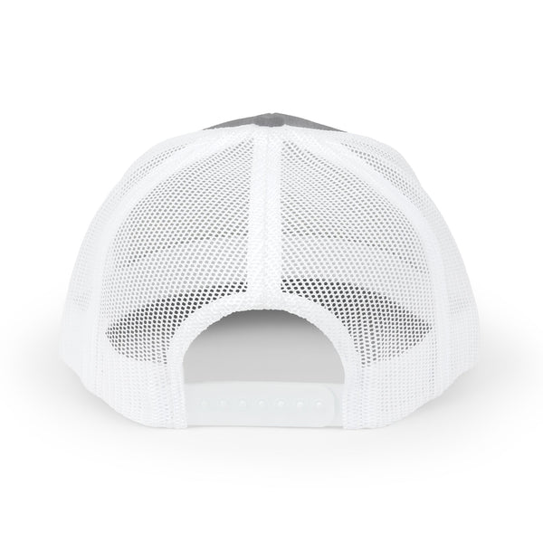 Heather grey-and-white trucker hat back view with breathable mesh panels