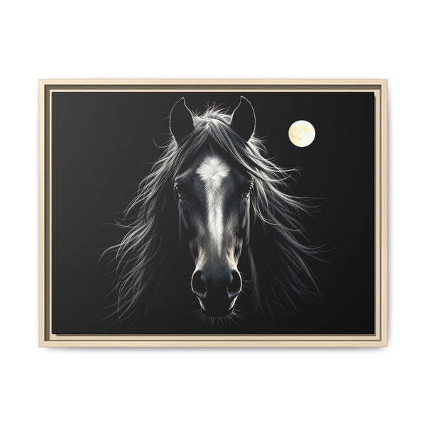 Framed western horse canvas art with monochrome horse face and moon; cream outer frame