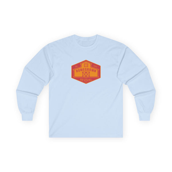 Light blue long sleeve western t-shirt with orange 'Homegrown Revival' chest graphic