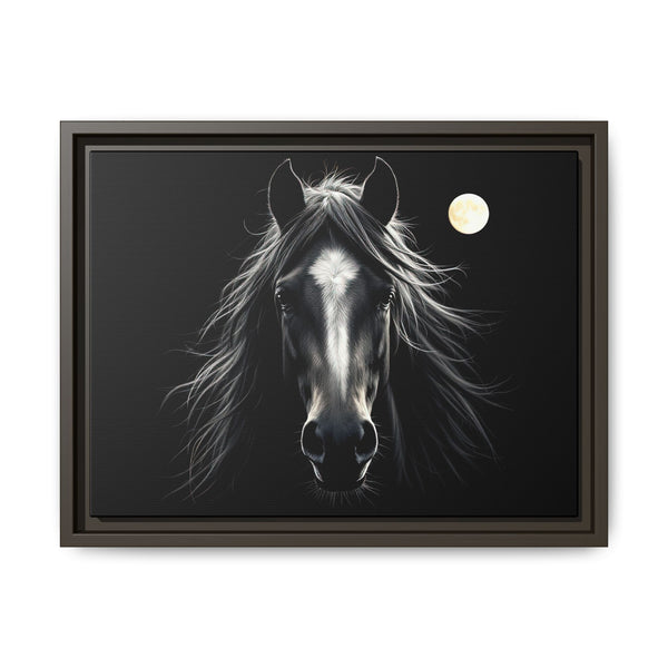 Espresso brown framed canvas art: monochrome horse portrait with moon