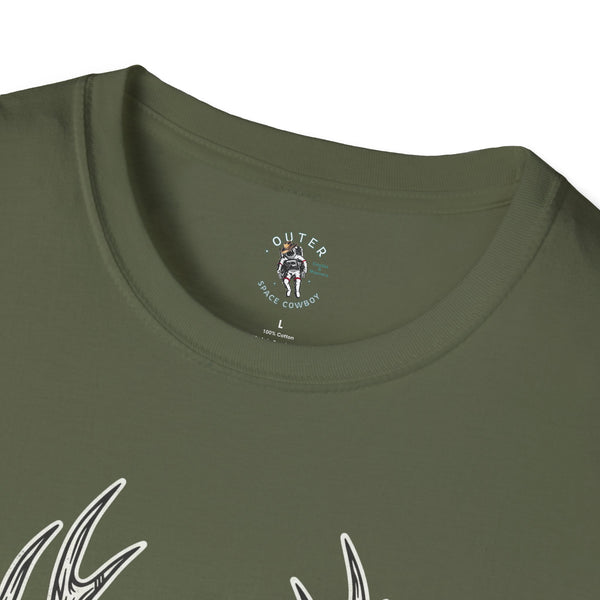 Olive cotton T-shirt with small chest space cowboy logo at neckline