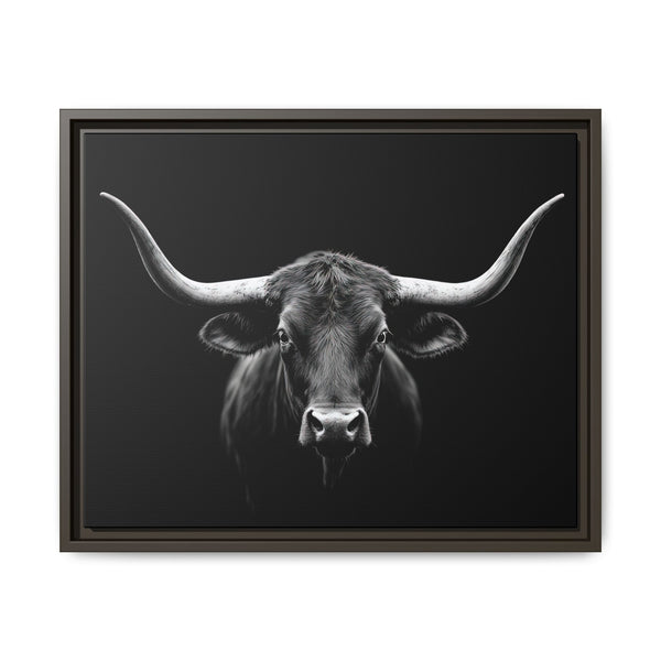 Framed western canvas art of a grayscale bull head with long horns, dark frame