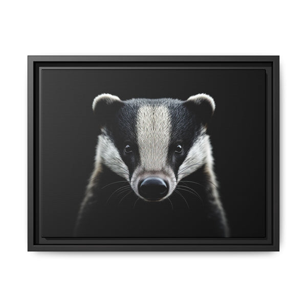 Framed western canvas wall art featuring a centered badger face
