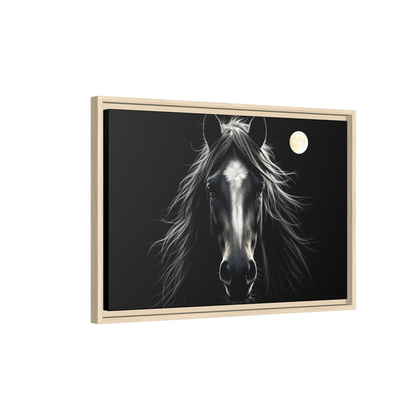 Framed horse portrait canvas art with light wood frame, dark background, and moon detail