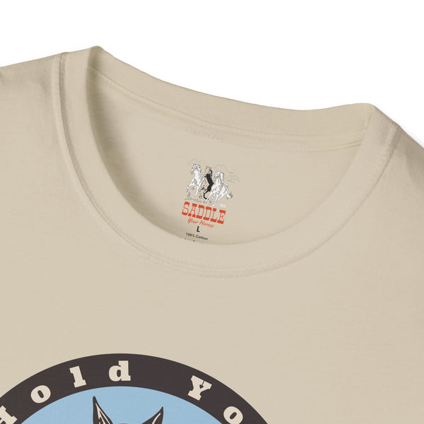 Women’s western T-shirt in sand with small Saddle graphic at neckline