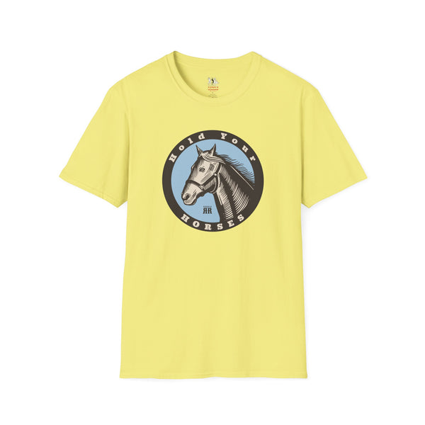 Yellow women’s western T-shirt with round horse emblem graphic on the front