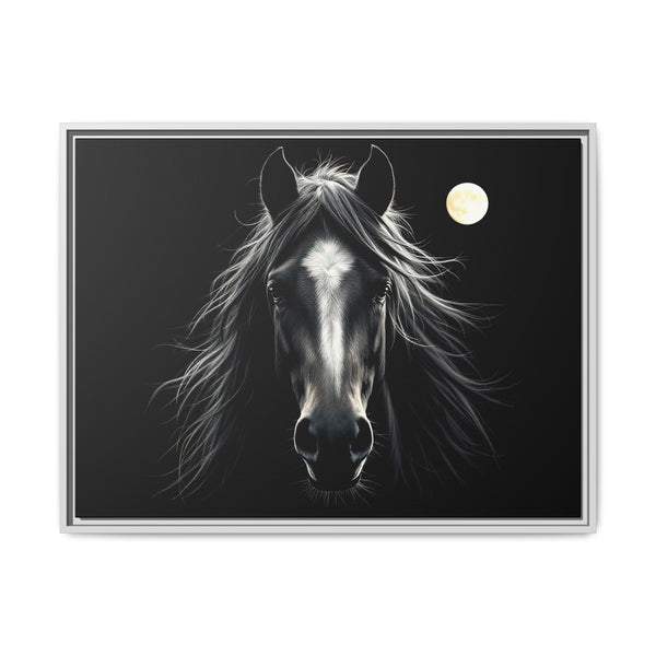 Framed canvas art of a black-and-white horse head with moon, light gray frame