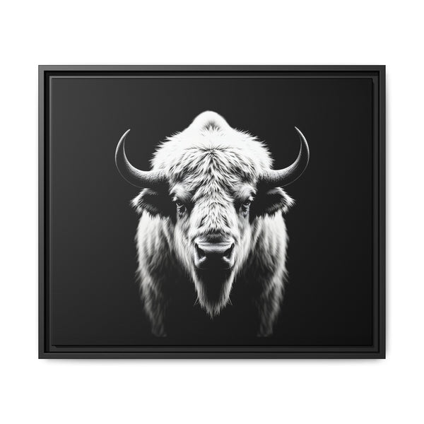 Framed bison portrait wall art with white-and-black fur, dark black frame