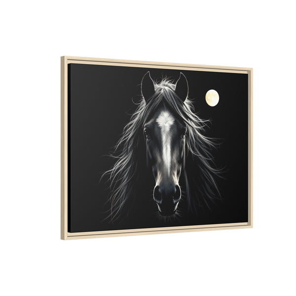 Framed western canvas art of a black-and-white horse head with a moon