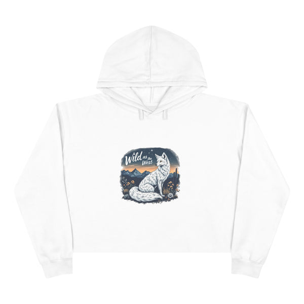 White women's cropped hooded sweatshirt with front graphic and long sleeves